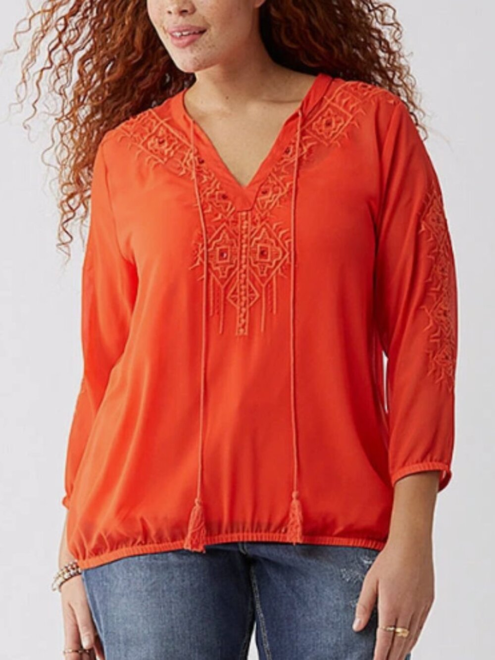 Lane Bryant Sheer Red Embroidered Beaded Boho Blouse 22/24